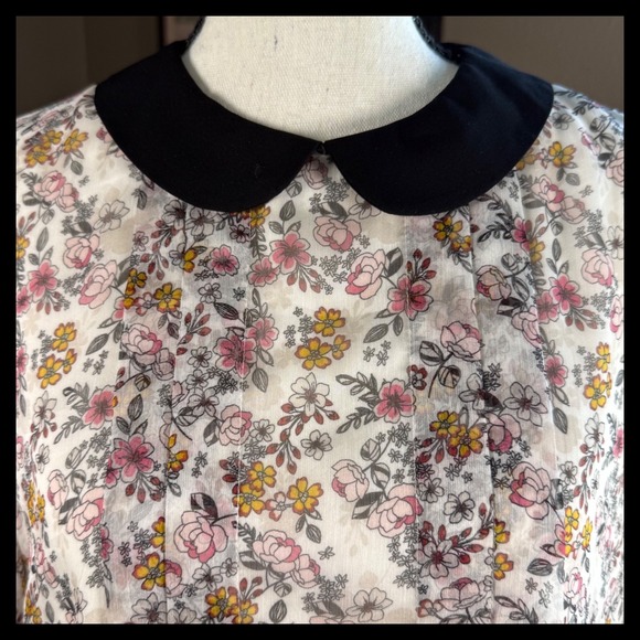 Floral Blouse Black Collar Sheer Pink Yellow Flowers Cute Top Size Small - Picture 2 of 12
